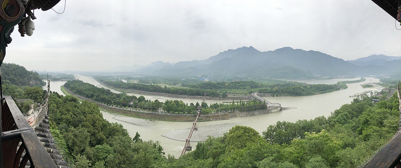 Dujiangyan UNESCO ancient irrigation system channels and engineering pavilions on the Min River