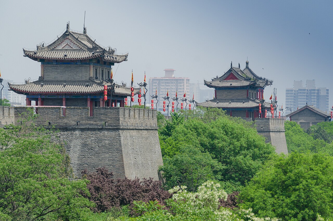Ancient Ming Dynasty Xi’an City Wall fortifications at sunset