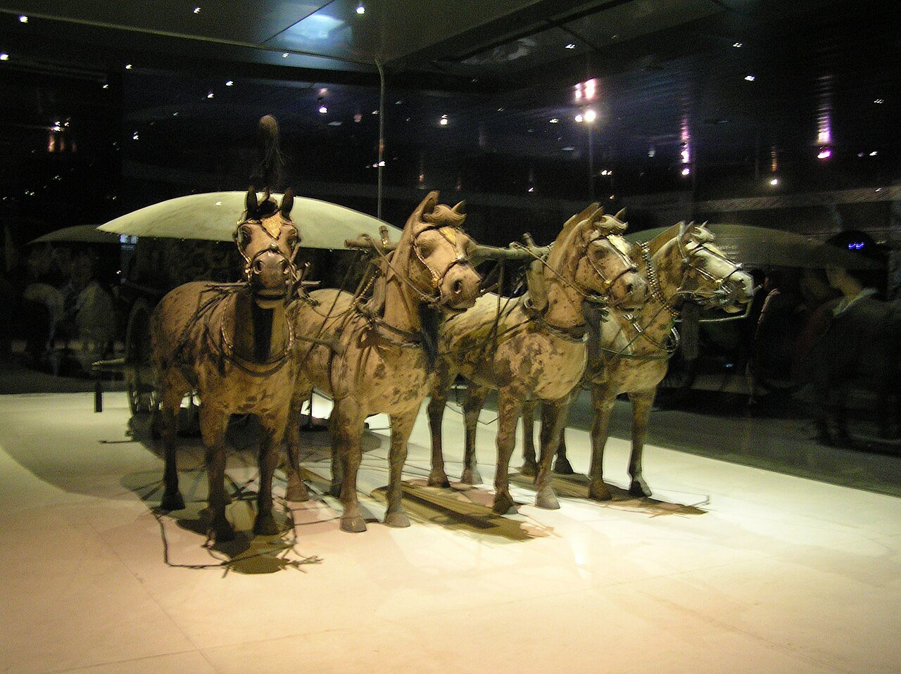 Ancient Qin Dynasty bronze chariot and horses displayed at Emperor Qinshihuang Mausoleum Museum