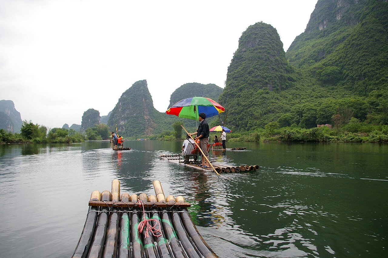 Area photo: Yulong River quiet countryside waters and limestone karst peaks in Yangshuo